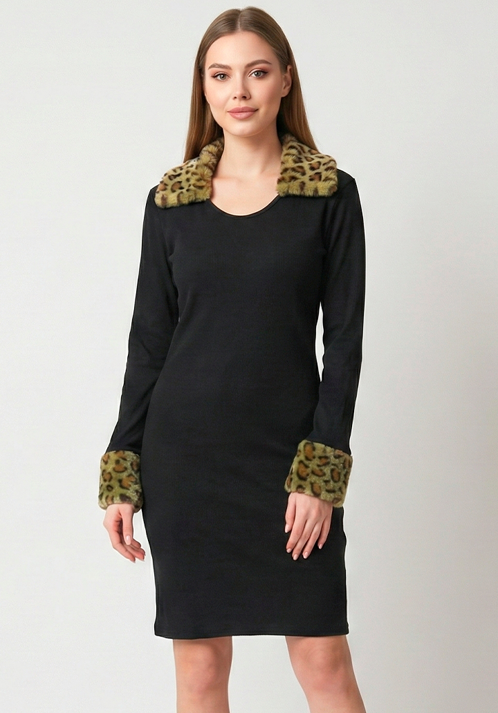 Kürk Leopar Yaka Detaylı Kaşkorse Kumaş Kalem Elbise