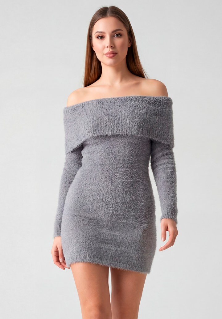 Uzun Kollu Straplez Bodycon Mini Boy Triko Elbise