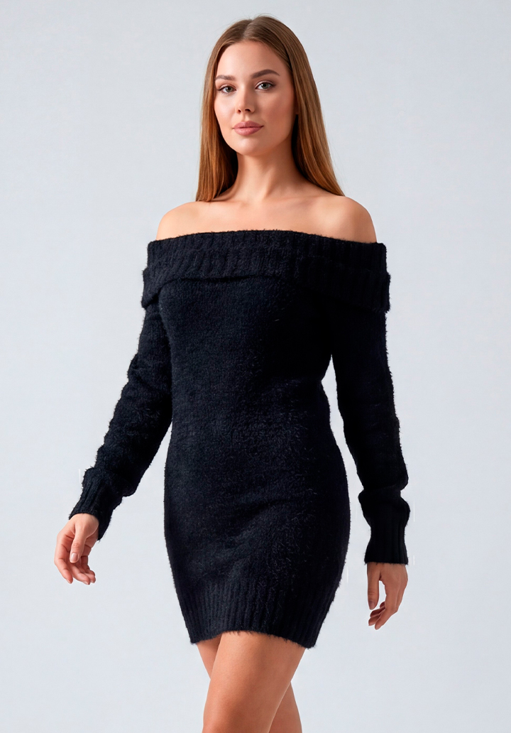 Uzun Kollu Straplez Bodycon Mini Boy Triko Elbise