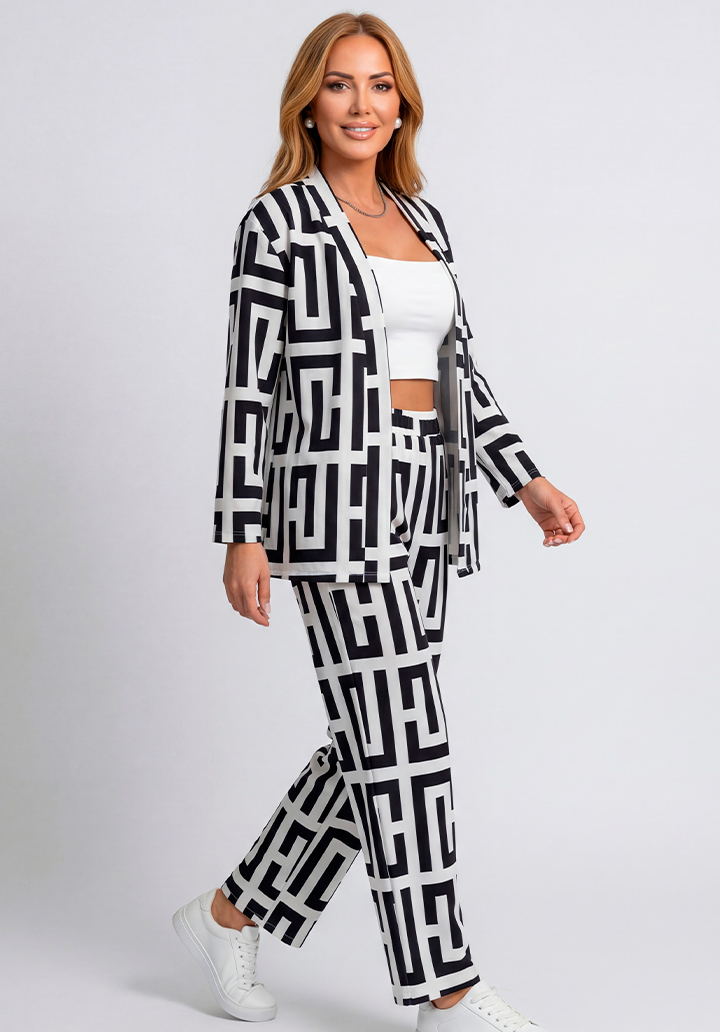 Önü Açık Geometrik Desenli Ceket Pantolon Alt Üst Takım