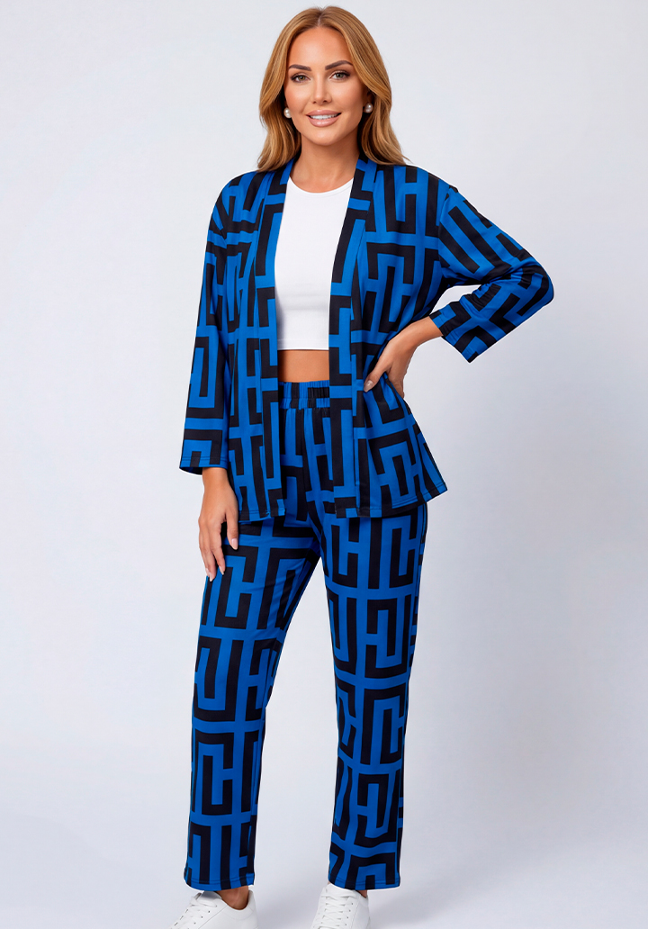 Önü Açık Geometrik Desenli Ceket Pantolon Alt Üst Takım