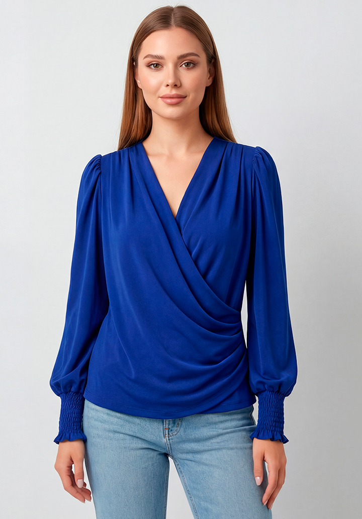 Kadın Kırmızı Kruvaze Yaka Dökümlü Kol Ucu Gipeli Şık Bluz