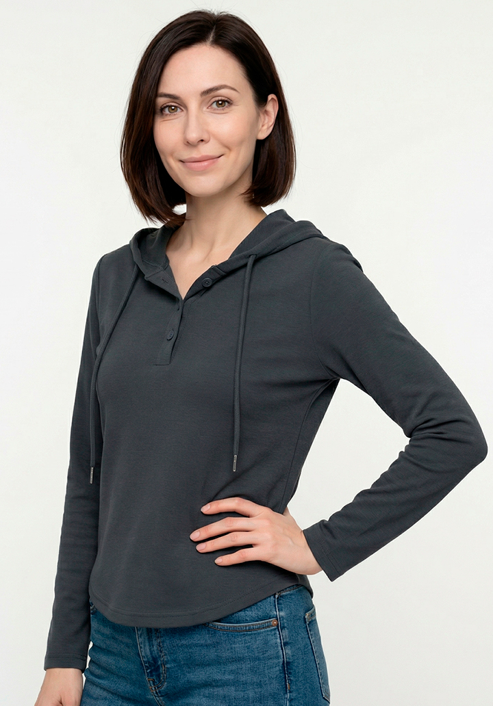 Kadın Düğme Yakalı Kapüşonlu İki İplik Bluz