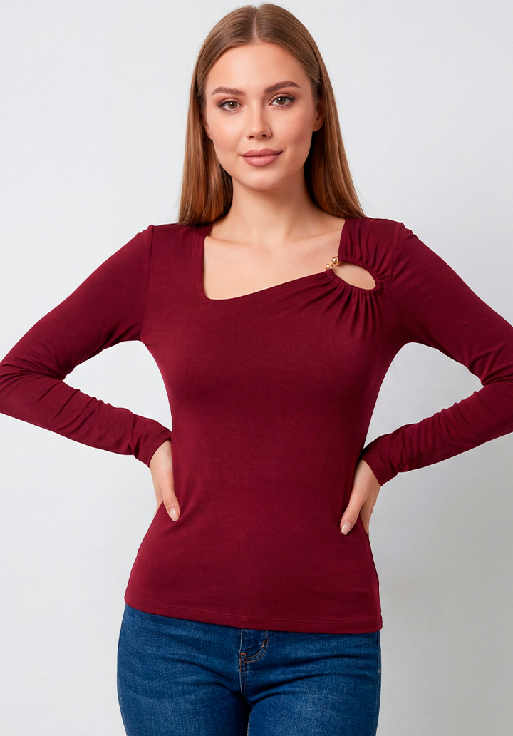 Uzun Kollu Asimetrik Yaka Halka Detaylı Bluz