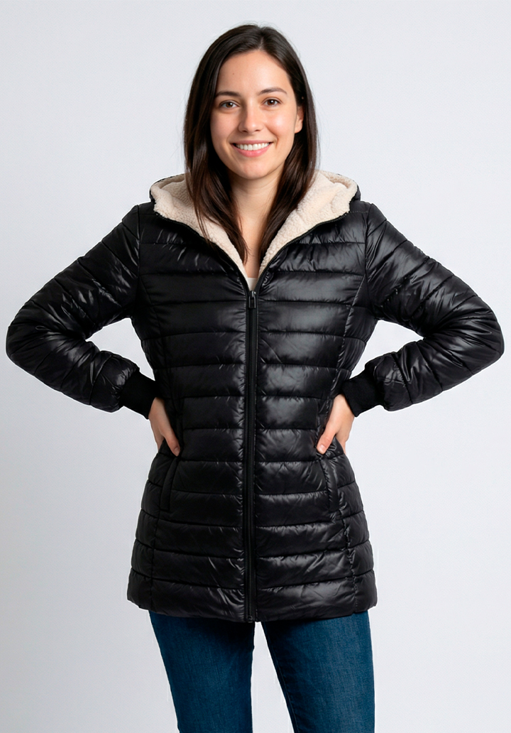 Kadın Uzun Kollu Kapşonlu Cep Detaylı Fermuarlı Orta Boy Mont