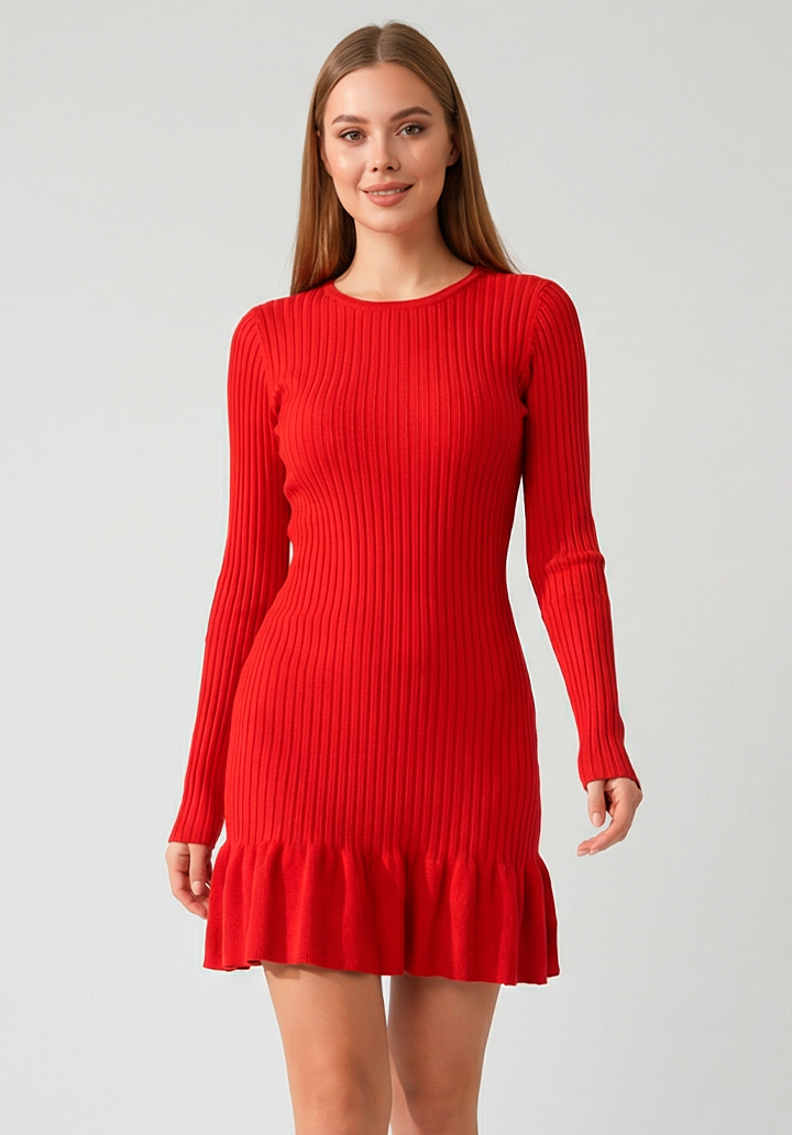 Kadın Bisiklet Yaka Uzun Kol Etek Ucu Fırfırlı Triko  Mini Boy Elbise