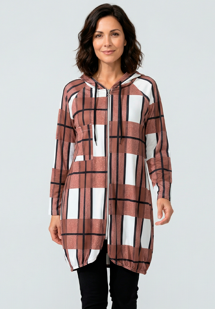Kadın Kapüşonlu Ekose Desenli Cep Detaylı Şardonlu Ceket
