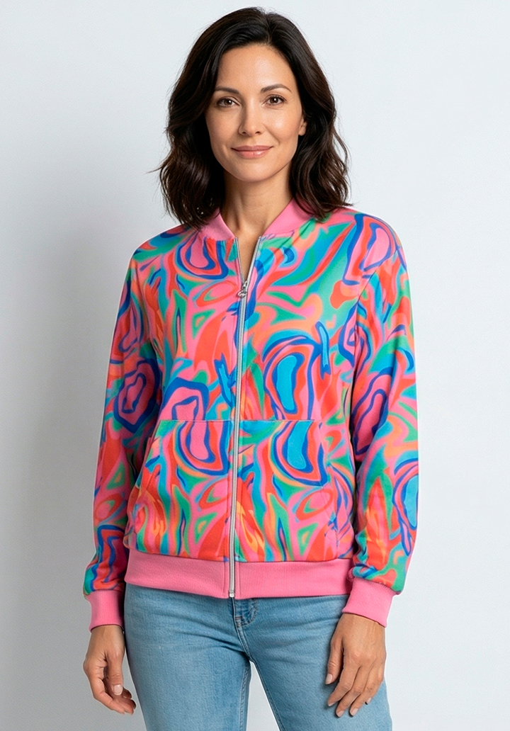 Kadın Kolları Ribana Detaylı Desenli Bomber Ceket