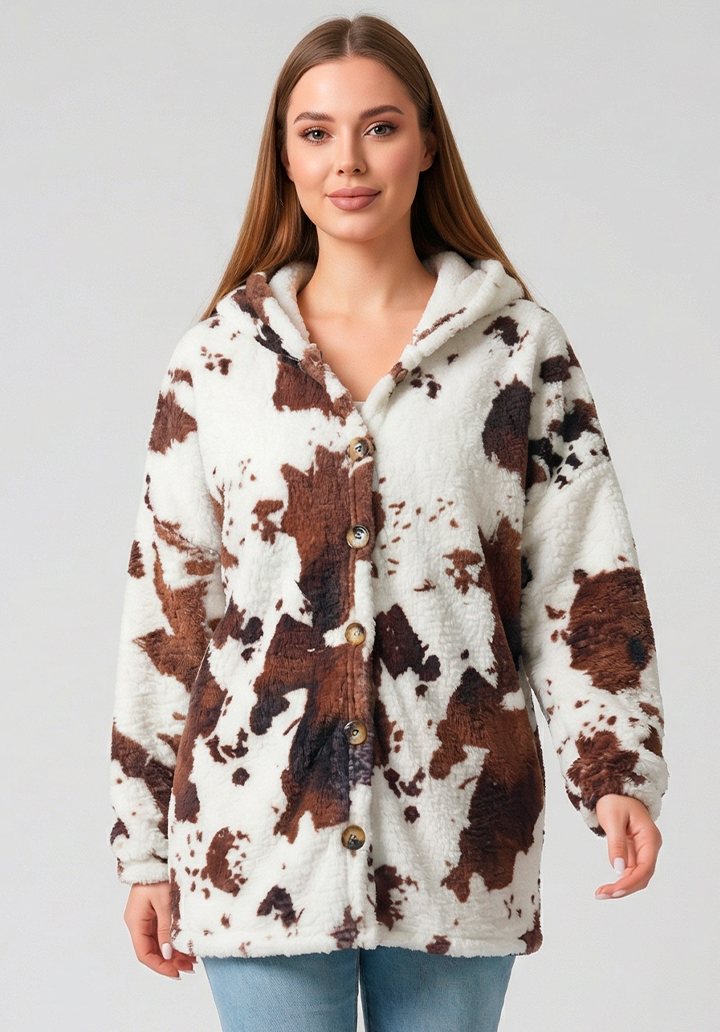 Kapüşonlu Desenli Peluş Hırka