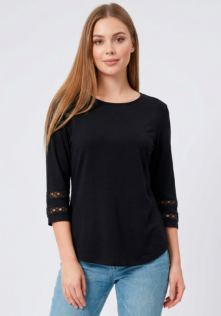 Siyah Kolu Dantel Detaylı Bisiklet Yaka Şık Kadın Bluz