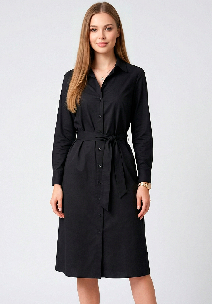 Siyah Trikoton Kumaş Kuşaklı Önden Düğmeli Midi Boy Gömlek Elbise