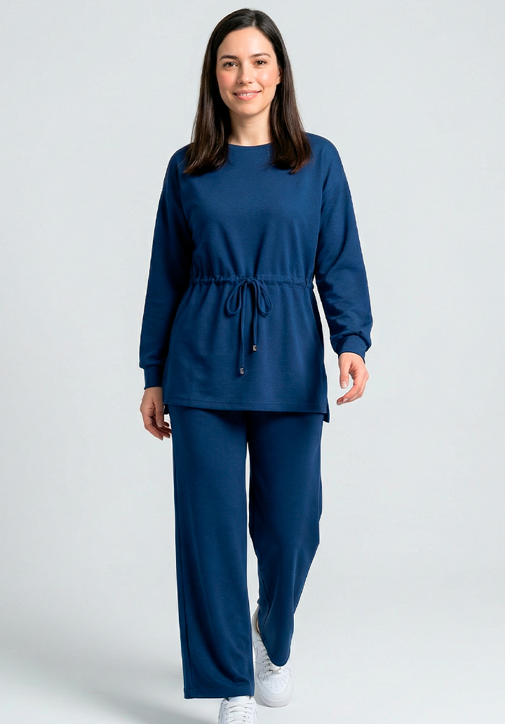 Kadın Beli Bağlamalı Büzgülü Rahat Kesim İki İplik Kumaş Alt Üst Takım