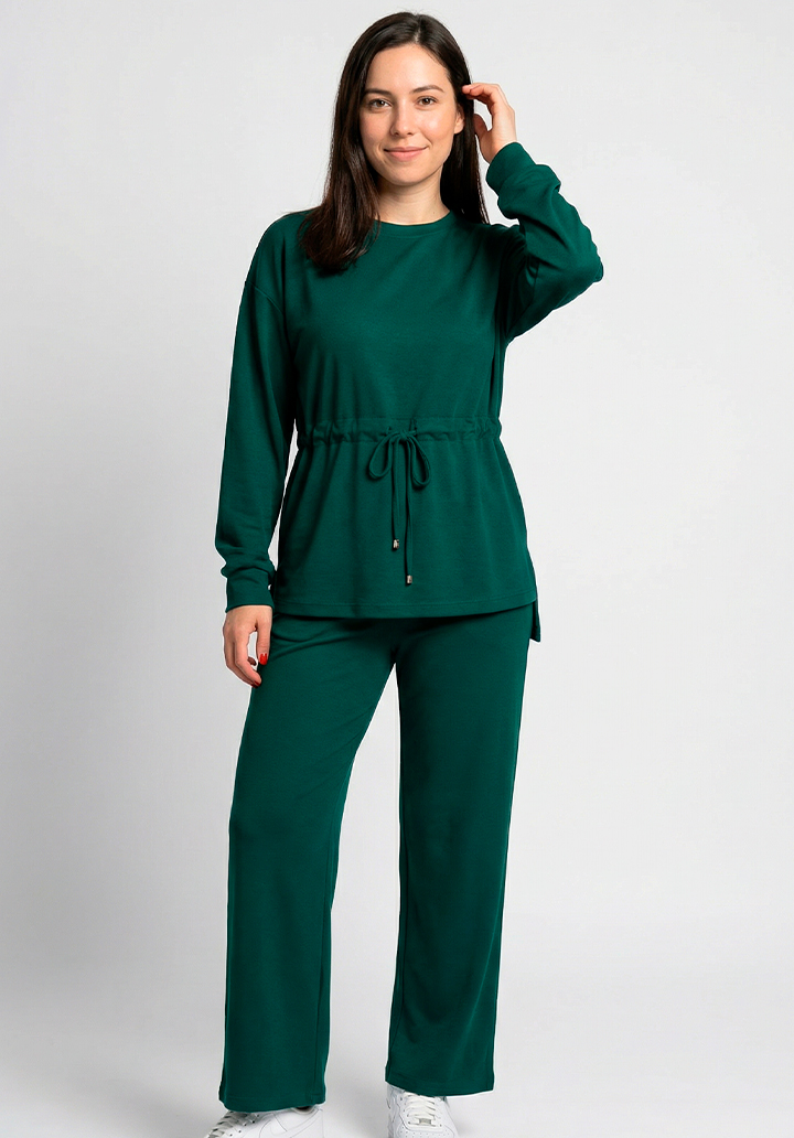 Kadın Beli Bağlamalı Büzgülü Rahat Kesim İki İplik Kumaş Alt Üst Takım