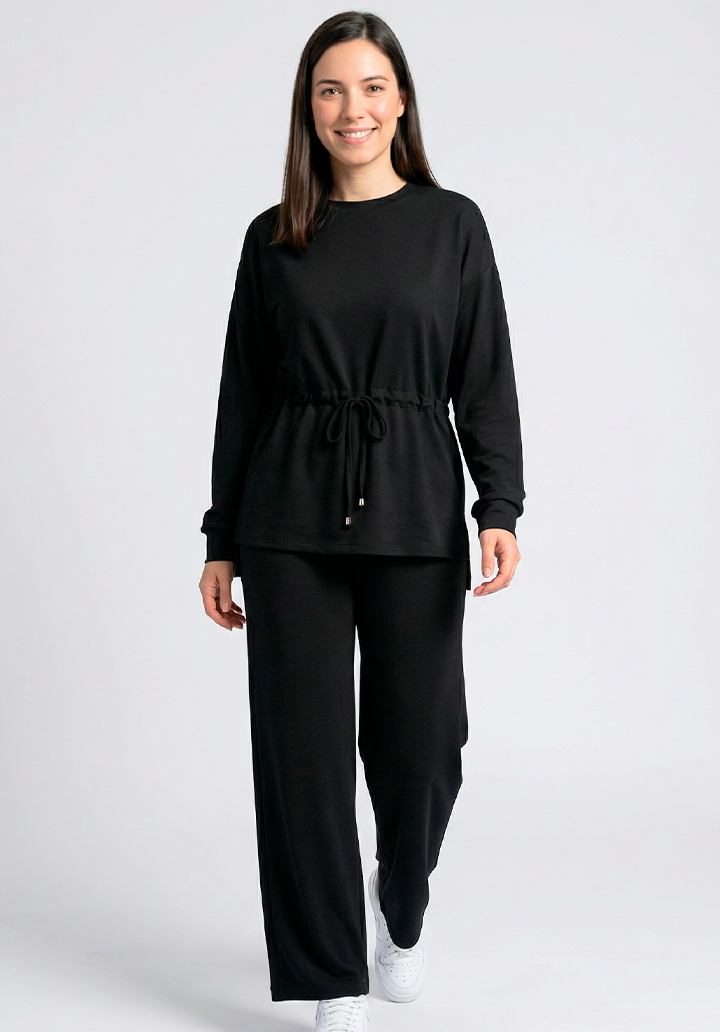 Kadın Beli Bağlamalı Büzgülü Rahat Kesim İki İplik Kumaş Alt Üst Takım