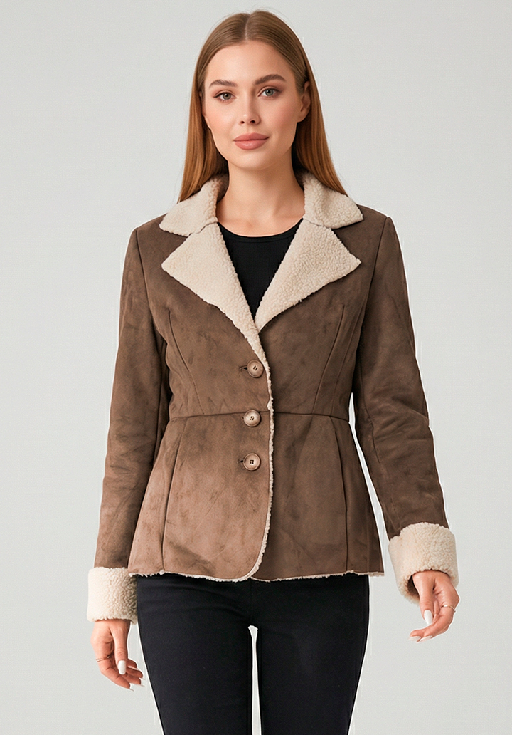 Kadın Kahverengi İçi Peluş Belden Oturtmalı Şık Süet Mont Ceket