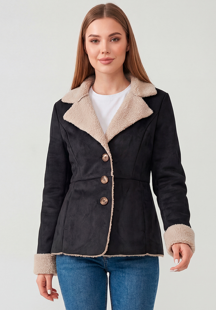 Kadın İçi Peluş Belden Oturtmalı Şık Süet Mont Ceket