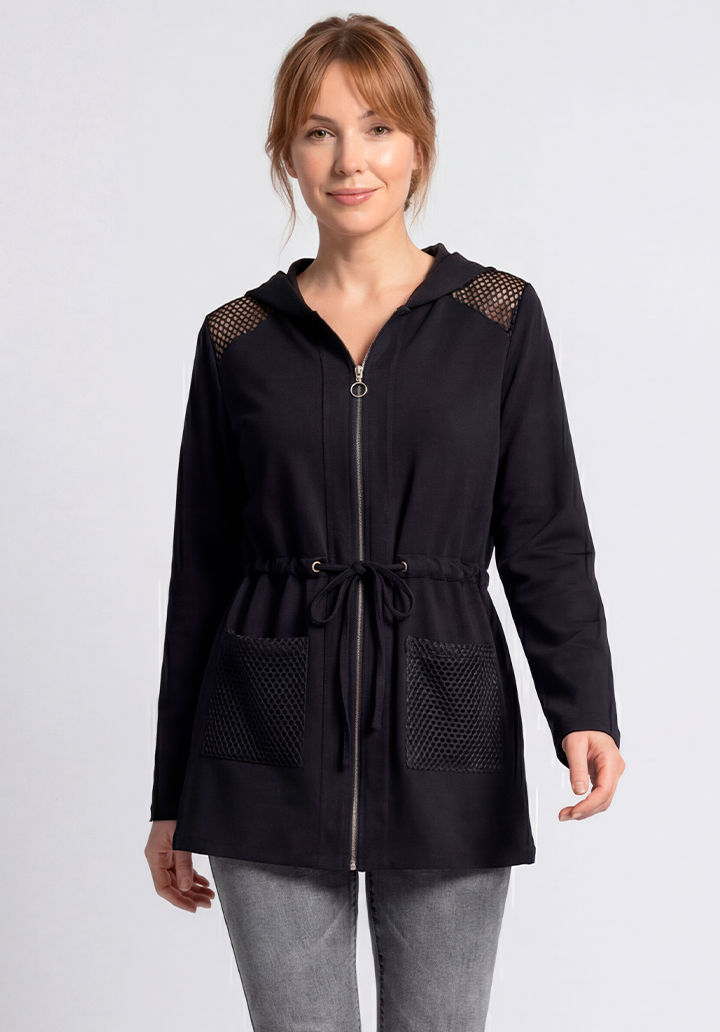 Kadın Siyah File Detaylı Kapüşonlu Fermuarlı Ceket Belden Büzgülü Mevsimlik Ceket