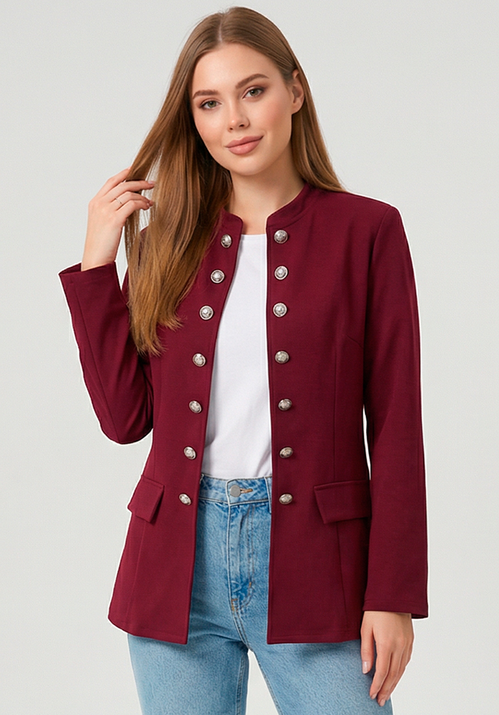 Kadın Gold Düğme Detaylı Hakim Yaka Şık Atlas Ceket