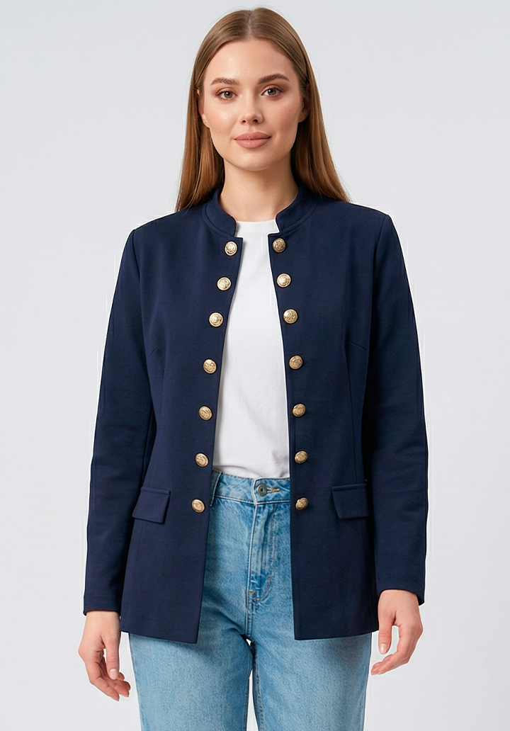 Kadın Gold Düğme Detaylı Hakim Yaka Şık Atlas Ceket