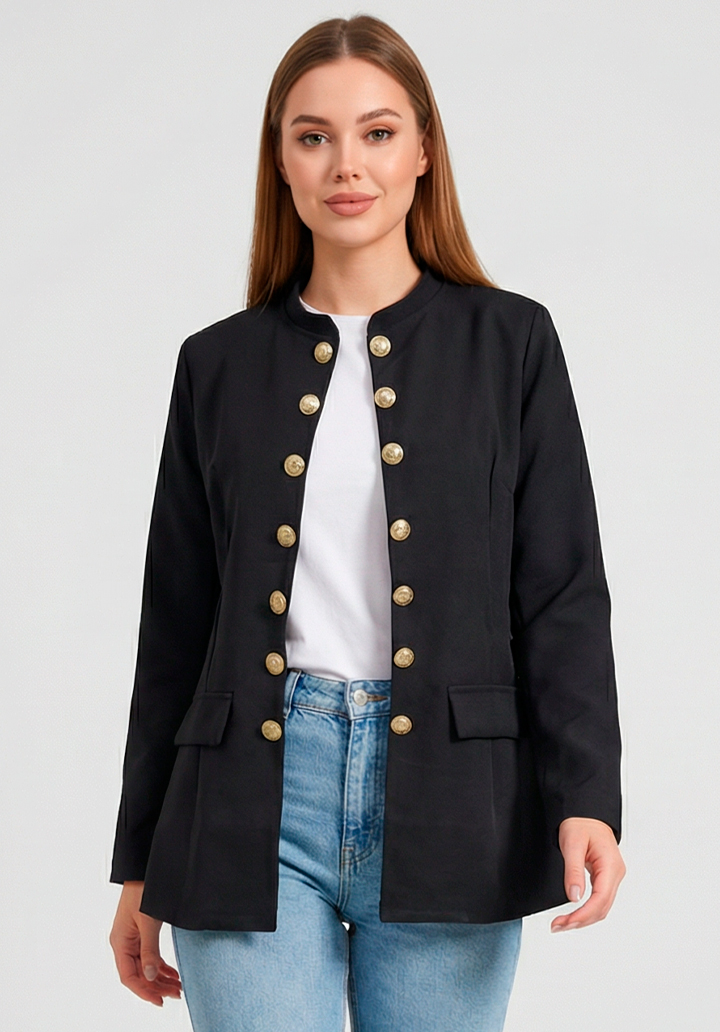 Kadın Gold Düğme Detaylı Hakim Yaka Şık Atlas Ceket
