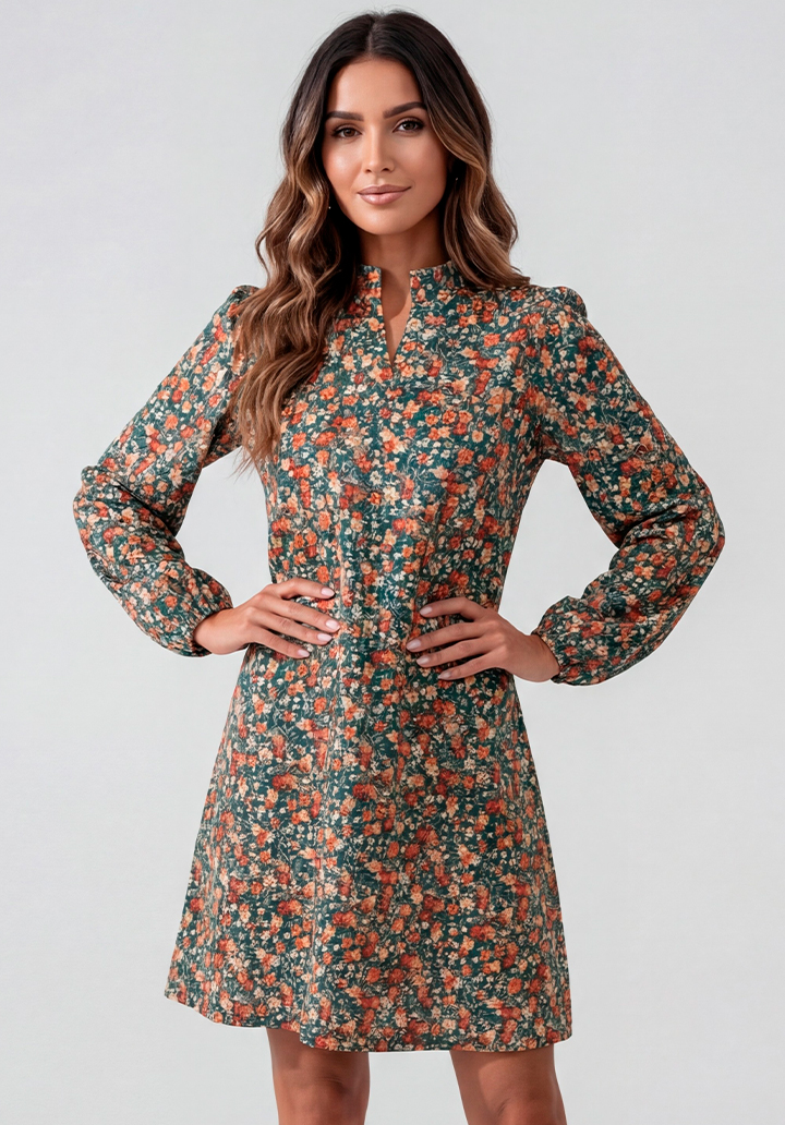 Uzun Kollu Çiçek Desenli V Yaka Kısa Elbise