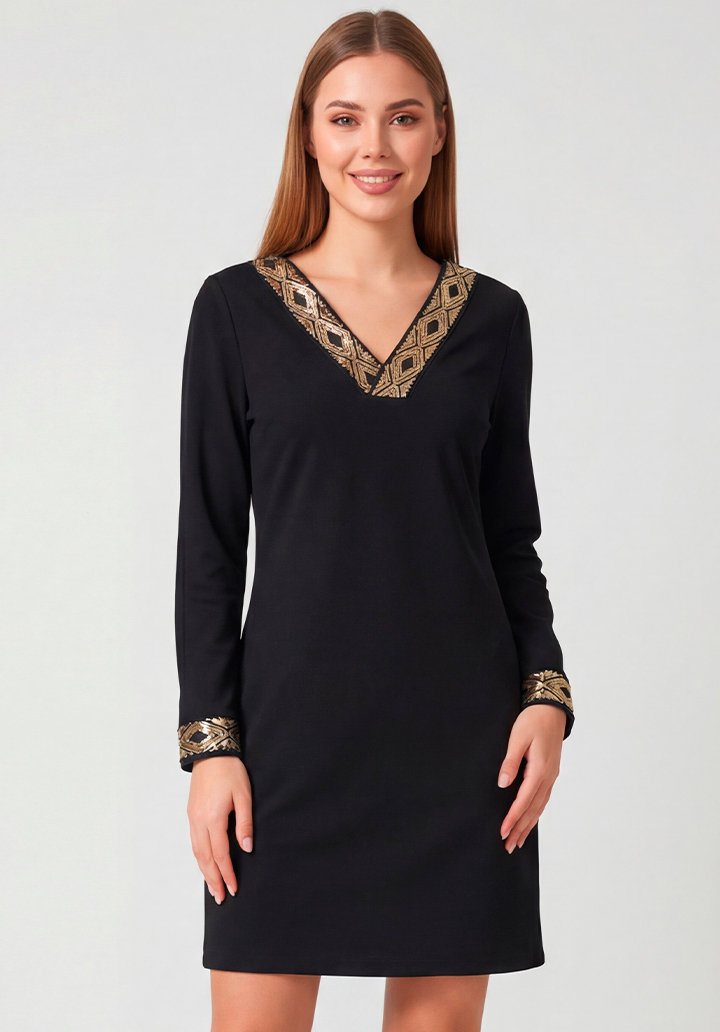 Pul Payet Detaylı V Yaka Siyah Uzun Kollu Mini Elbise