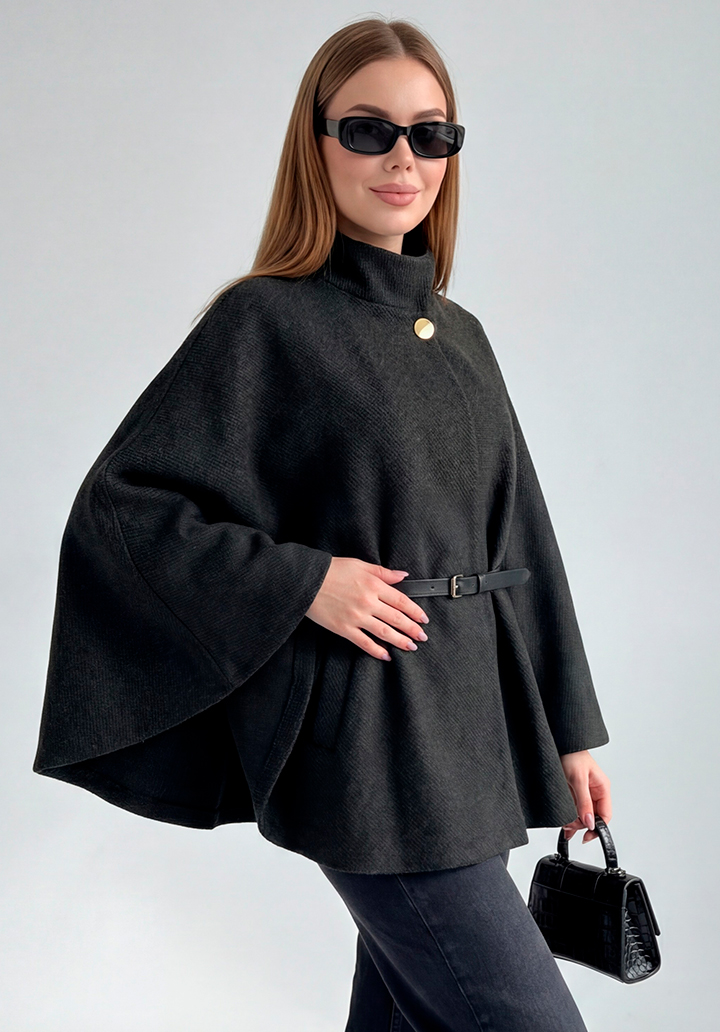 Yarım Kollu Kemerli Dik Yaka Kısa Kaşe Panço