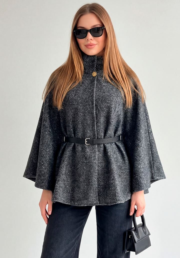 Yarım Kollu Kemerli Dik Yaka Kısa Kaşe Panço