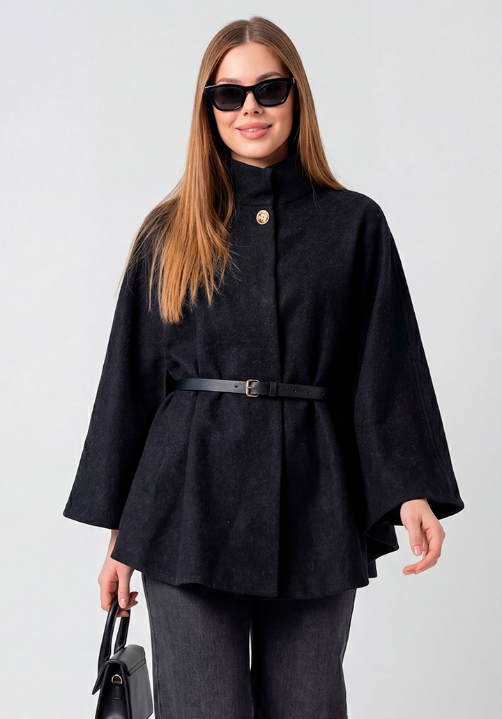 Yarım Kollu Kemerli Dik Yaka Kısa Kaşe Panço