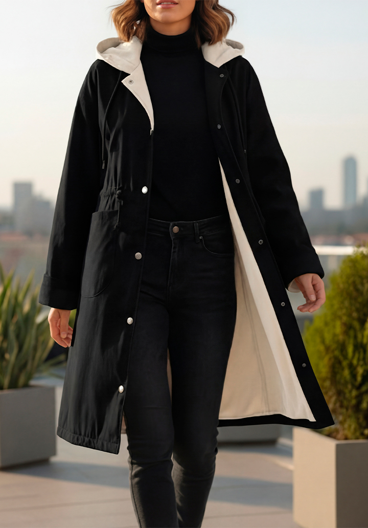 Kapüşonlu İçi Kaşe Su Geçirmez Mikro Kumaş Midi Boy Mont