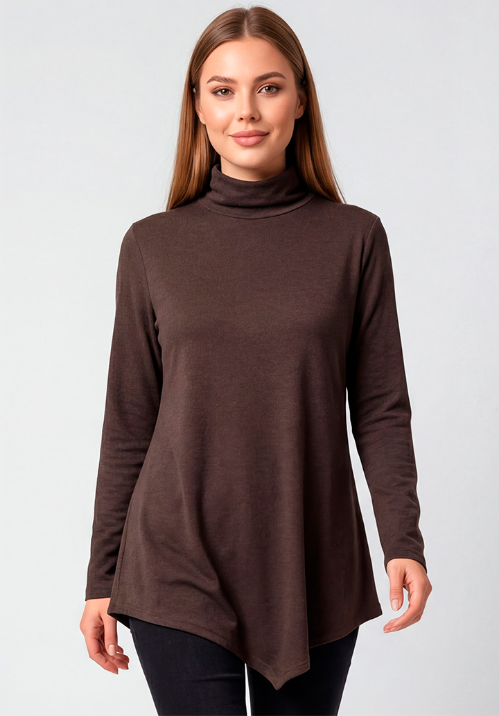 Yün Viskon Boğazlı Asimetrik Kesim Uzun Kahverengi Tunik