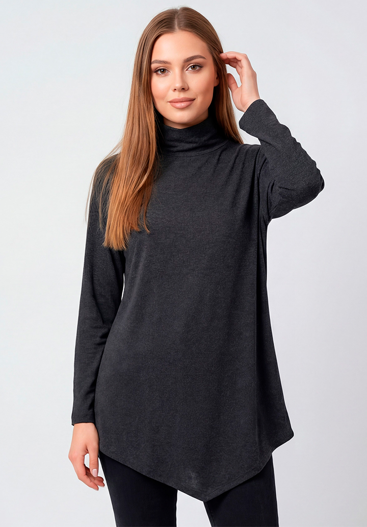 Yün Viskon Boğazlı Asimetrik Kesim Uzun Kahverengi Tunik