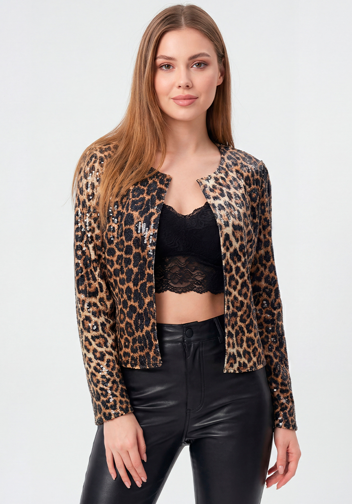 Leopar Desenli Pul Payet Detaylı Kısa Crop Blazer Ceket