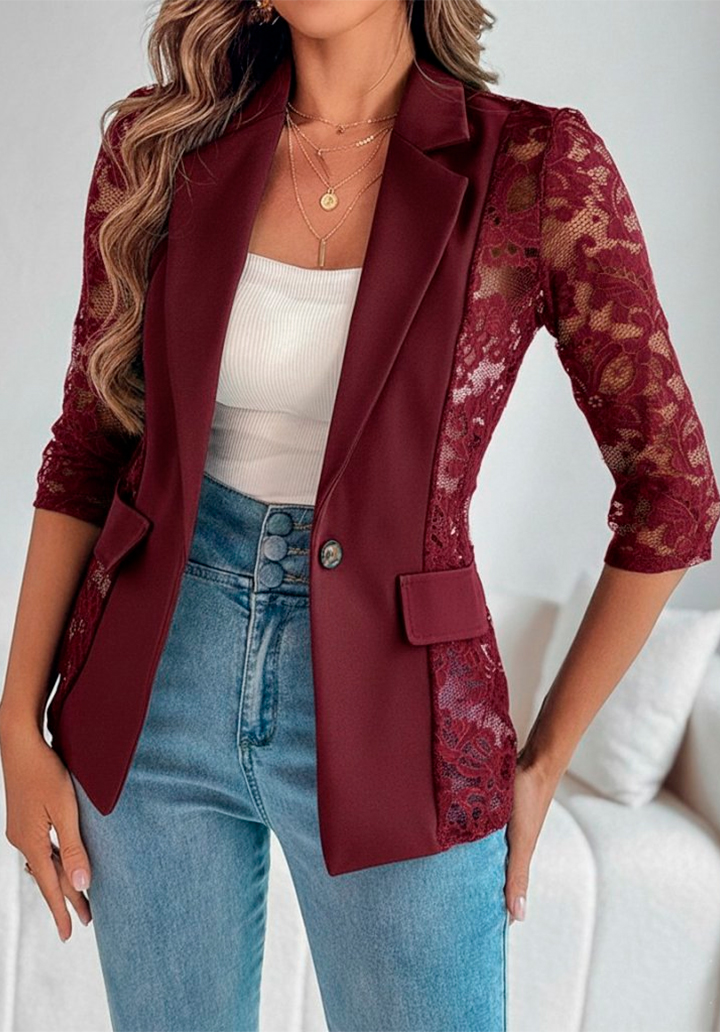 Atlas Kumaş Dantel Detaylı Truvakar Kol Blazer Ceket