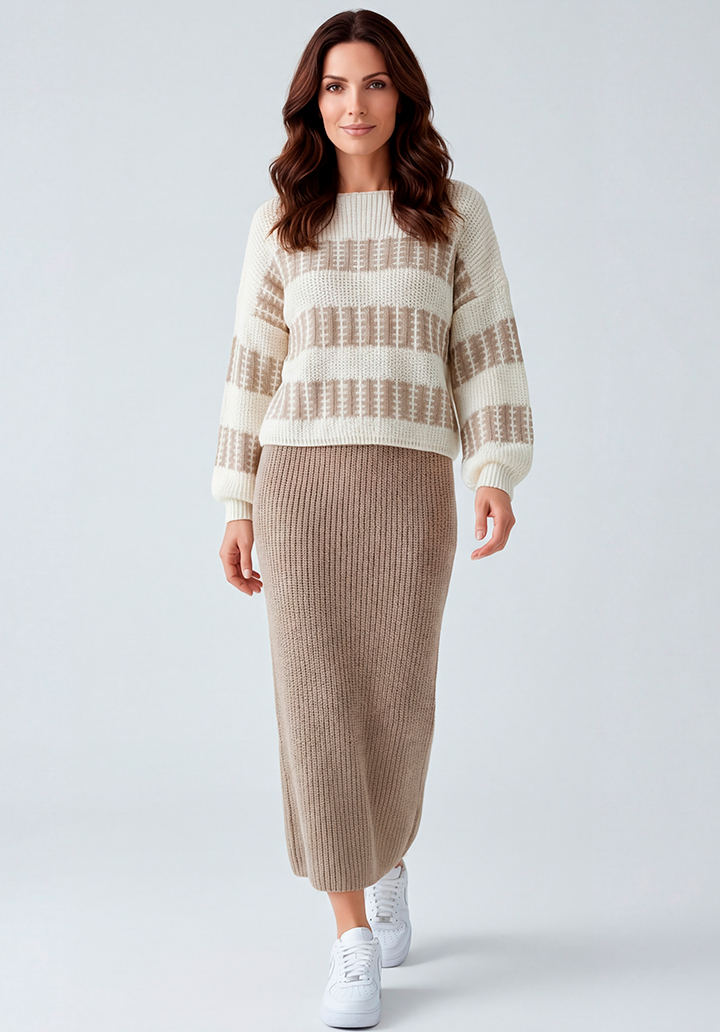 Oversize Düşük Omuz Kazak ve Uzun Kalem Etek Triko Kumaş İkili Takım