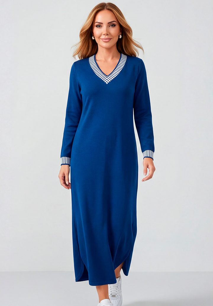 Casual Mavi Uzun Kol Çizgili Yaka Detaylı İki İplik Elbise