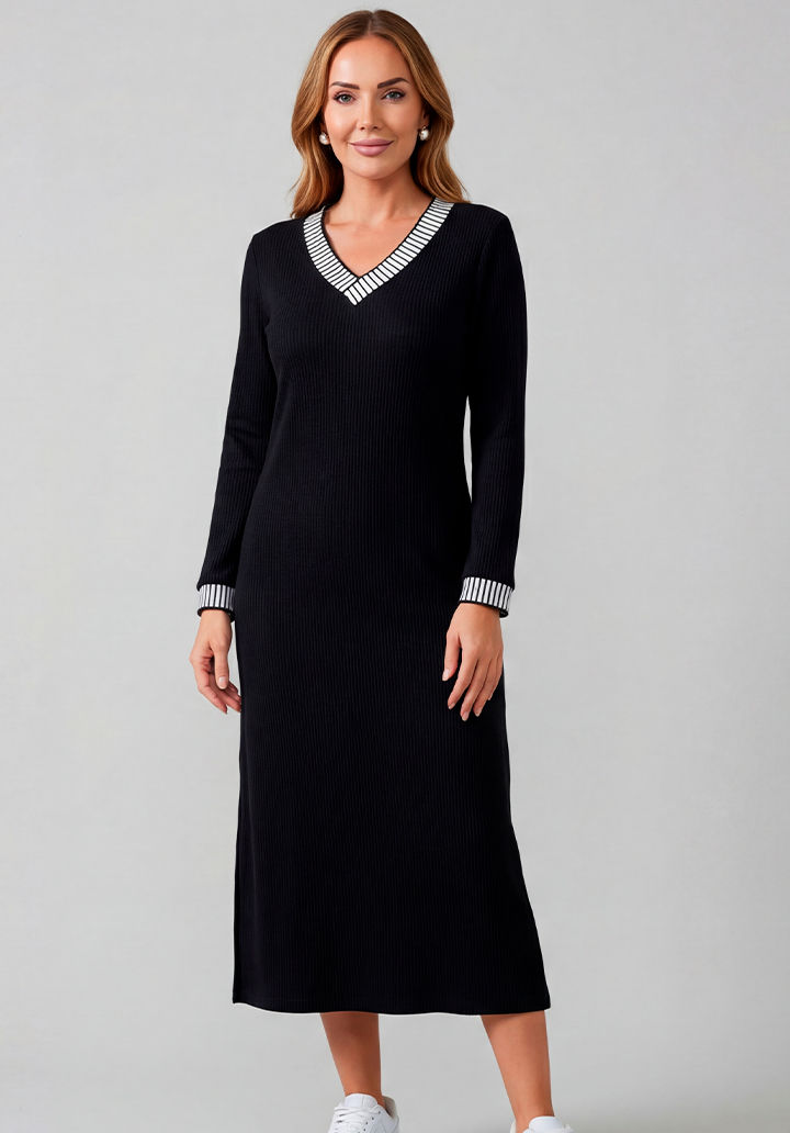 Casual Mavi Uzun Kol Çizgili Yaka Detaylı İki İplik Elbise