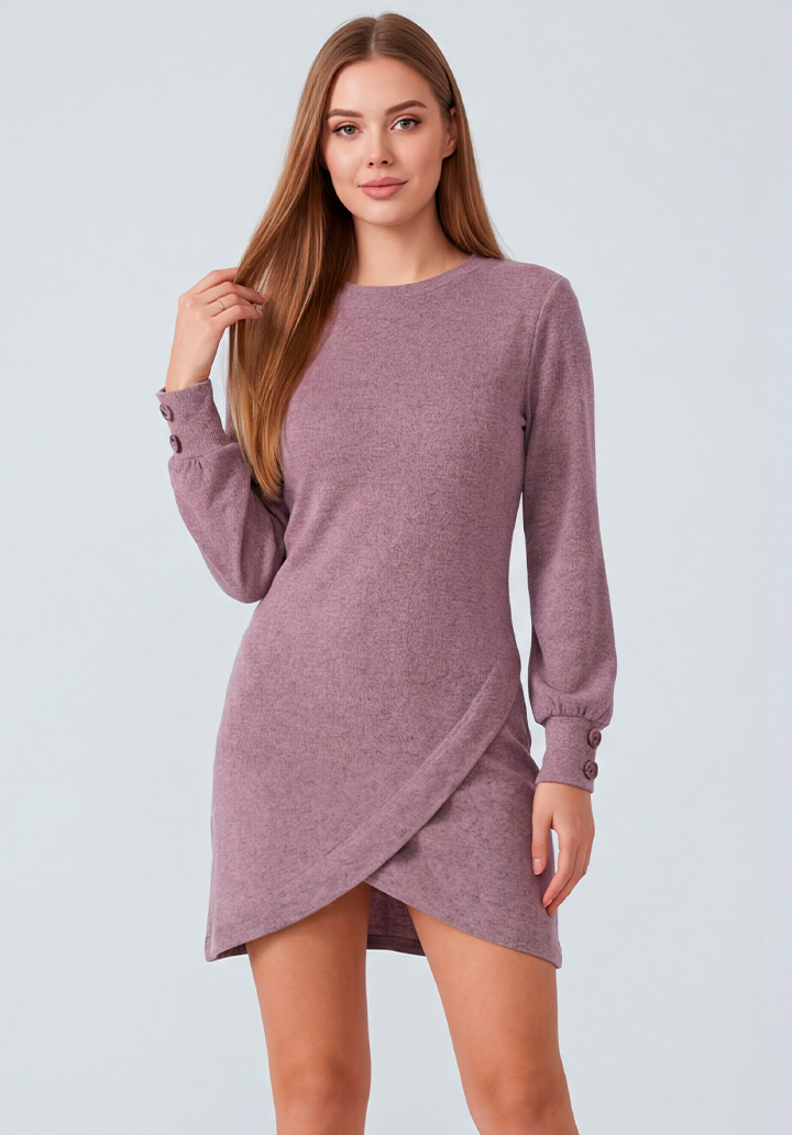 Casual Şık Düğme Detaylı Asimetrik Kesim Kruvaze Sarma Yumoş Elbise