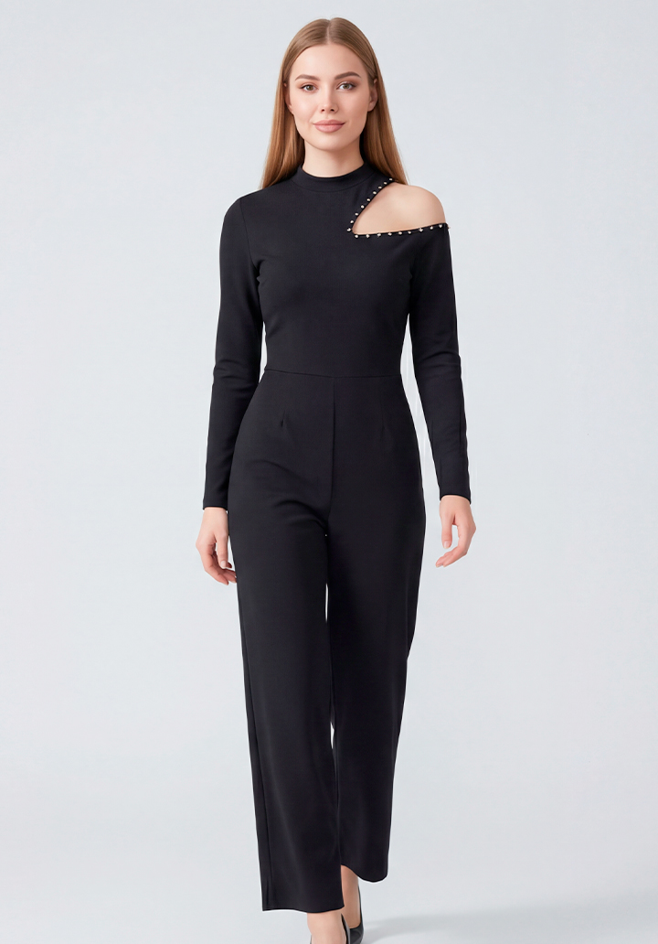 Siyah İnci Detaylı Tek Omuz Açık Balıkçı Yaka Uzun Kol Tulum