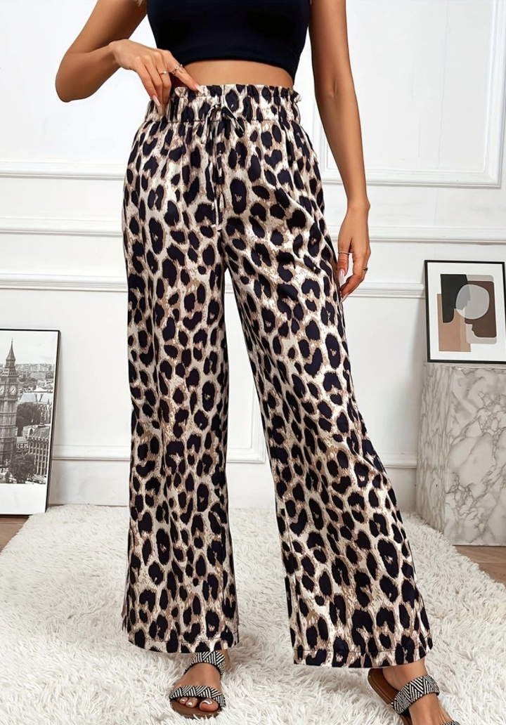 Kadın Yüksek Bel Beli Lastikli Bağcıklı Leopar Desenli Süprem Pantolon 