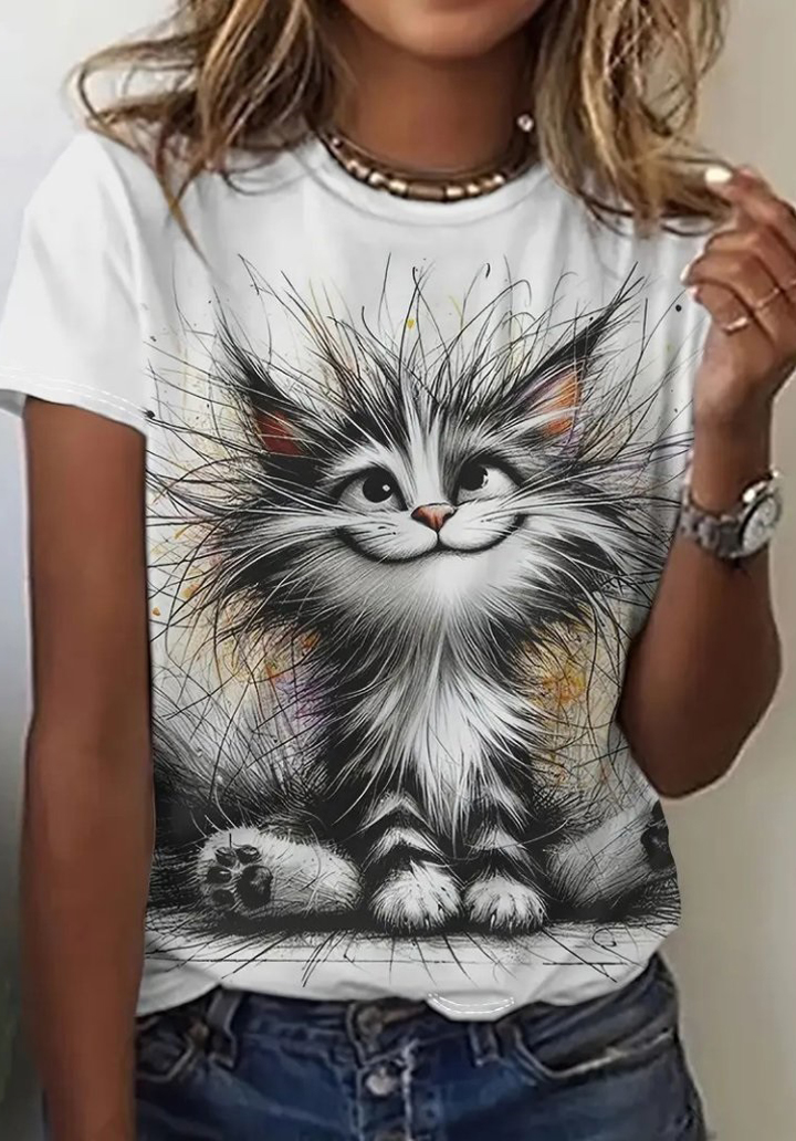 Kadın Kısa Kollu Bisiklet Yaka Kedi Baskılı Süprem Bluz