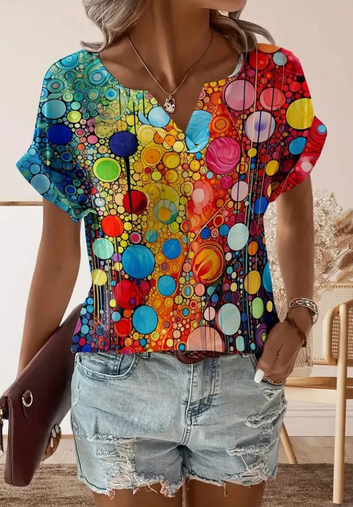 Kadın Kısa Kollu V Yakalı Desenli Süprem Bluz