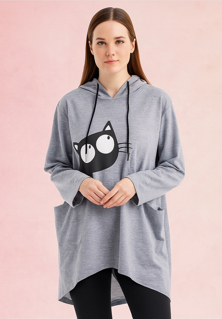 Kedi Baskılı Kapüşonlu Sweat Tunik