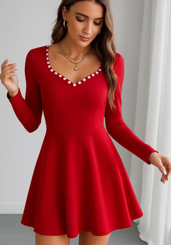 Kadın Uzun Kollu İnci Yakalı Kısa İthal Krep Elbise 