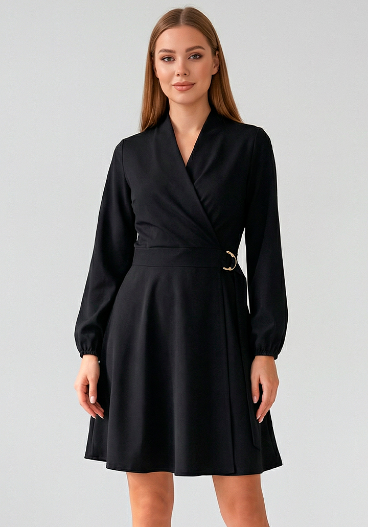 Kadın Belden Bağlamalı Toka Detaylı Krep Kumaş Mini Kloş Elbise