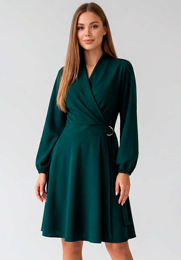Kadın Belden Bağlamalı Toka Detaylı Krep Kumaş Mini Kloş Elbise