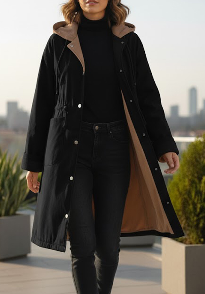 Kapüşonlu İçi Kaşe Su Geçirmez Mikro Kumaş Midi Boy Mont