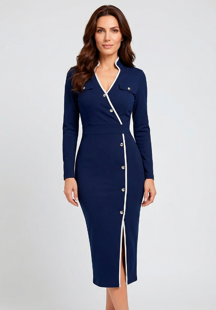 Kadın Kruvaze Yaka Düğmeli Şerit Detaylı Yırtmaçlı Midi Boy Elbise