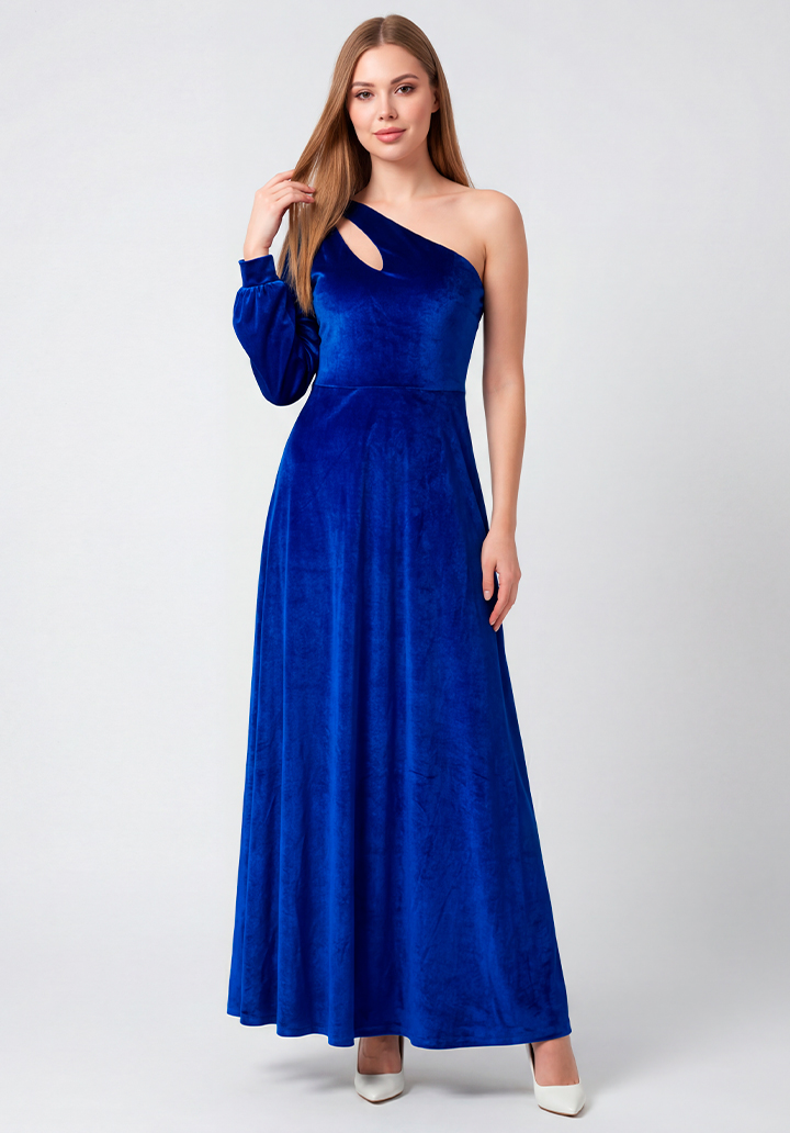 Tek Omuz Dekolteli Uzun Kadife Gece Elbisesi