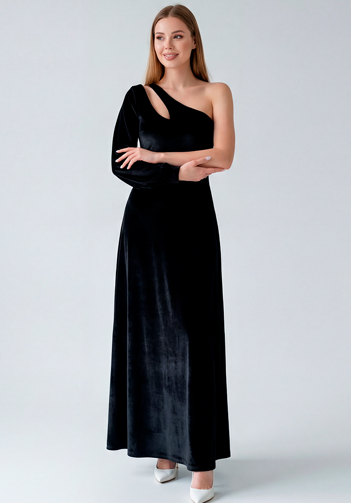Tek Omuz Dekolteli Uzun Kadife Gece Elbisesi